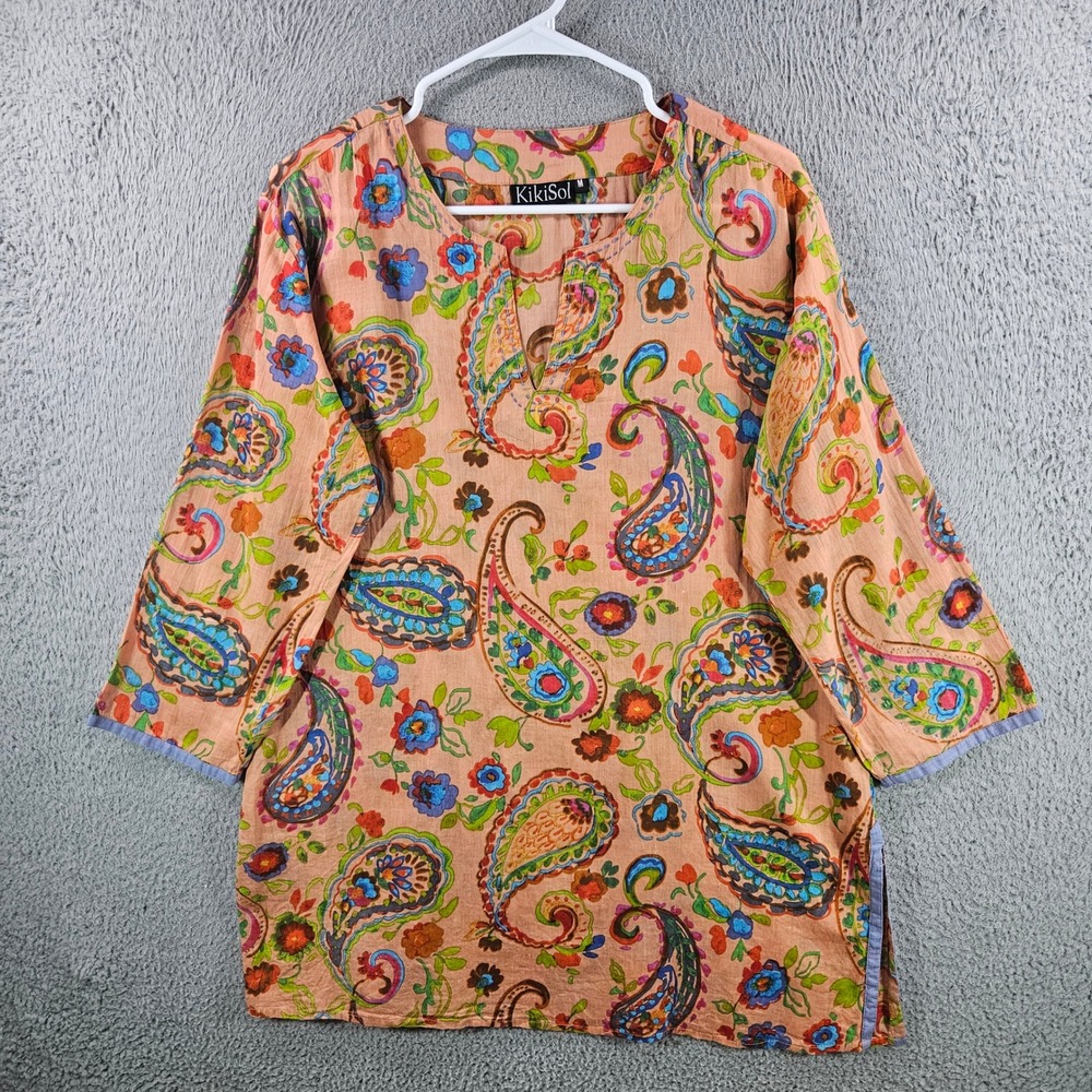 KikiSol Womens Cotton Paisley Floral Tunic Top Orange Boho‎ Split Neck Medium